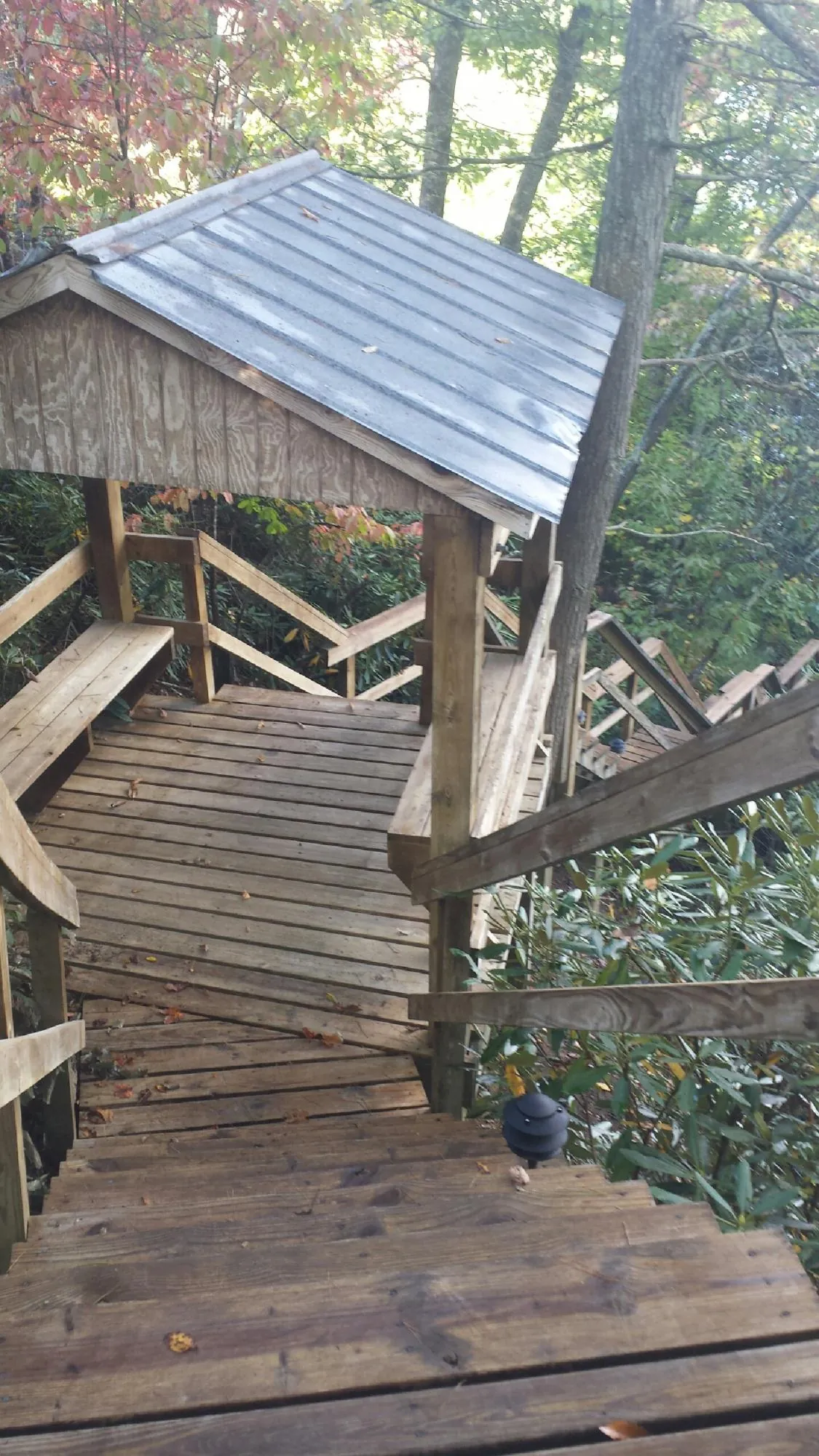 Metal roofed shelter over wooden steps on a wooded walkway — Skylight Repair & Installation work by our crew in Alviso